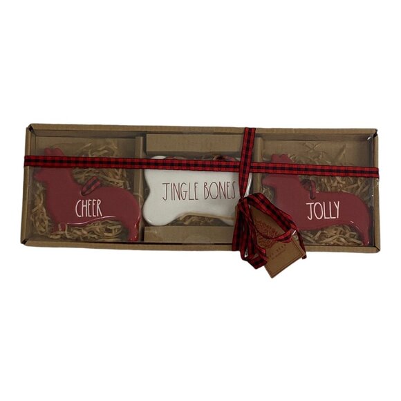 New Rae Dunn Set Of 3 Dog Ornaments Cheer, Jingle Bones, Jolly Red White NEW - Picture 3 of 7